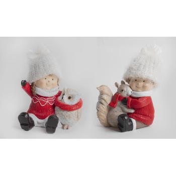 POLYRESINOVÉ ZIMNÉ DETI SO ZVIERATKAMI, ČERVENÉ BIELE,