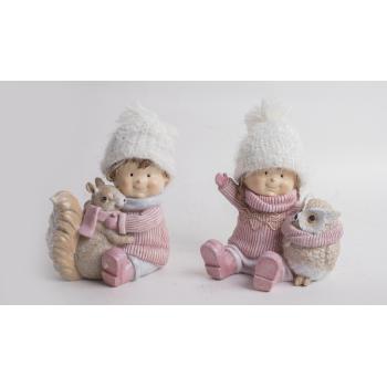 POLYRESINOVÉ ZIMNÉ DETI SO ZVIERATKAMI, RUŽOVO-BIELE,