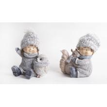 POLYRESINOVÉ ZIMNÉ DETI SO ZVIERATKAMI, SIVÉ BIELE,