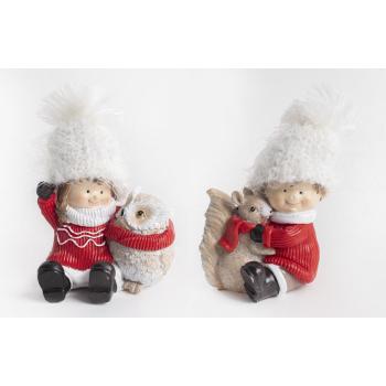 POLYRESINOVÉ ZIMNÉ DETI SO ZVIERATKAMI, ČERVENÉ BIELE,