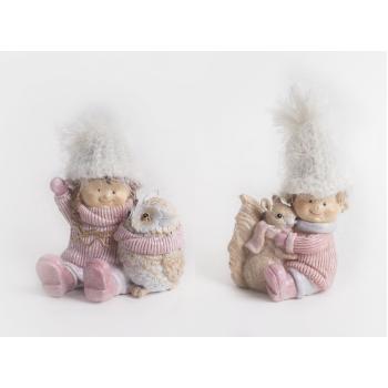 POLYRESINOVÉ ZIMNÉ DETI SO ZVIERATKAMI, RUŽOVO-BIELE,