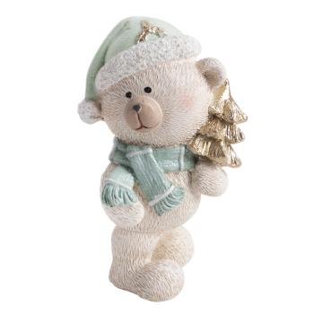 POLYRESINOVÝ MEDVEĎ V SANTOVSKEJ ČIAPKE, ZLATÁ BOROVICA, TYRKYSOVO BIELA