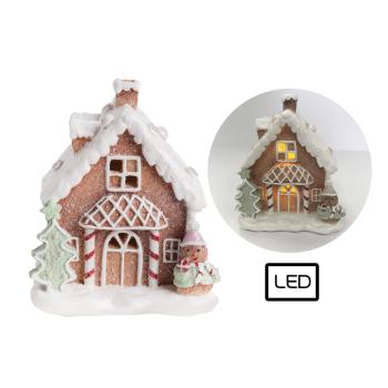 POLYRESINOVÝ DOMČEK, LED, PERNÍK, ZASNEŽENÝ, HNEDÝ BIELY