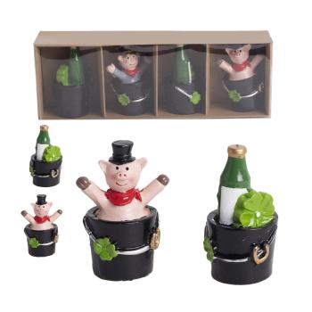 POLYRESINOVÁ SÚPRAVA ŠAMPANSKÉHO A PRASIATKA, 4 KUSY, SAMOLEPIACA, ČIERNA A ZELENÁ