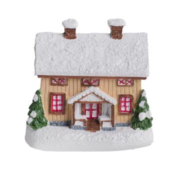 DOMČEK Z POLYRESINU, VZOR DREVENÝCH DOSIEK, ZASNEŽENÝ