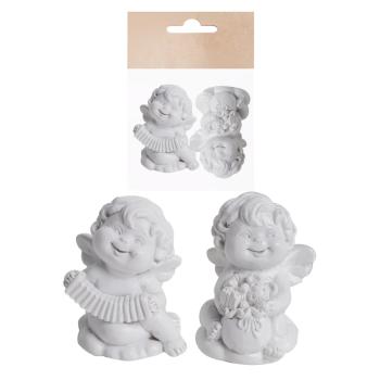 POLYRESINOVÝ ANJEL, SADA 2 KUSOV, S HARMONIKOU A DARČEKOM, BIELY