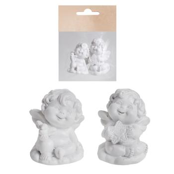 POLYRESINOVÝ ANJEL, SADA 2 KUSOV, S HOLUBICOU A HVIEZDOU, BIELY