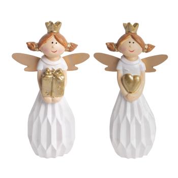 POLYRESINOVÝ ANJEL, STOJACI, S KORUNKOU, BIELY A ZLATÝ, S DARČEKOM ALEBO SRDCOM