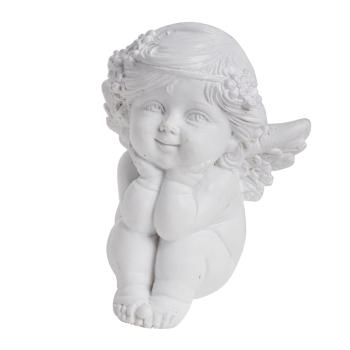 POLYRESINOVÝ ANJEL S KVETINOVÝM VENCOM NA HLAVE, BIELY
