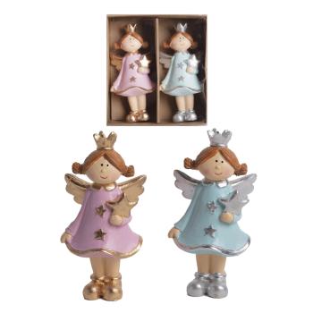 POLYRESINOVÝ ANJEL, SADA 2 KUSOV, S HVIEZDOU, RUŽOVÁ A MODRÁ