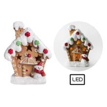 PERNÍKOVÁ CHALÚPKA Z POLYRESINU, LED, ZASNEŽENÁ, SO SNEHULIAKOM, HNEDÁ