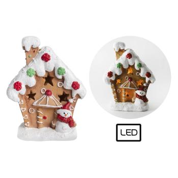 PERNÍKOVÁ CHALÚPKA Z POLYRESINU, LED, ZASNEŽENÁ, SO SNEHULIAKOM, HNEDÁ