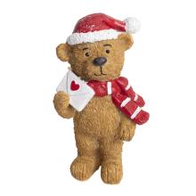 POLYRESINOVÝ MEDVEĎ, KLOBÚK SANTA CLAUS S LISTAMI, HNEDÝ