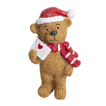 POLYRESINOVÝ MEDVEĎ, KLOBÚK SANTA CLAUS S LISTAMI, HNEDÝ
