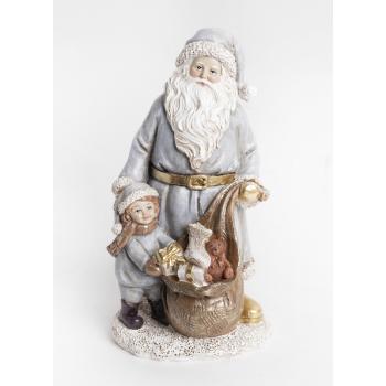 POLYRESINOVÝ SANTA CLAUS, S TAŠKOU, S DIEŤAŤOM, ZELENO-ZLATÝ