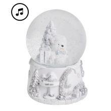 POLYRESINOVÁ SNEHOVÁ GUĽA, HUDOBNÁ, MEDVEĎ S BOROVICOU, BIELA A STRIEBORNÁ