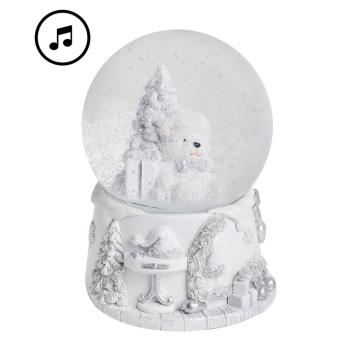 POLYRESINOVÁ SNEHOVÁ GUĽA, HUDOBNÁ, MEDVEĎ S BOROVICOU, BIELA A STRIEBORNÁ