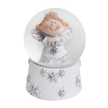 POLYRESINOVÁ SNEHOVÁ GUĽA, ANJEL SO STRIEBORNÝM SRDCOM V RUKE