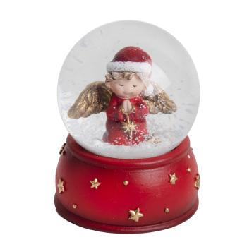 POLYRESINOVÁ SNEHOVÁ GUĽA, ANJEL V OBLEKU SANTA CLAUSA SO ZLATÝMI KRÍDLAMI