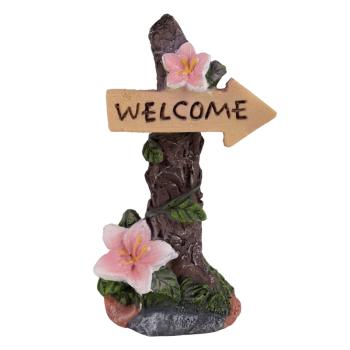 POLYRESINOVÝ KMEŇ STROMU, S NÁPISOM NA PRIVÍTANIE, S KVETMI, HNEDÝ