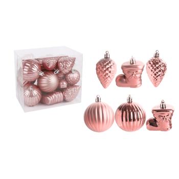VIANOČNÉ OZDOBY, ZMIEŠANÉ OZDOBY, SADA, V PVC KRABICI, 18 KUSOV, RUŽOVÁ