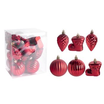 VIANOČNÉ OZDOBY, ZMIEŠANÉ OZDOBY, SADA, V PVC KRABICI, 18 KUSOV, ČERVENÉ