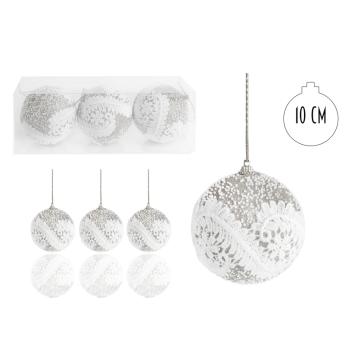 SADA VIANOČNÝCH OZDÔB, 2 KUSY, BIELA ČIPKA S KVETMI, STRIEBORNÁ ZASNEŽENÁ, V PVC KRABICI