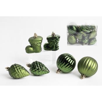 VIANOČNÉ OZDOBY, ZMIEŠANÉ OZDOBY, SADA, V PVC KRABICI, 18 KUSOV, JEDOVATÁ ZELENÁ