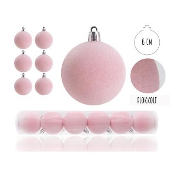 VIANOČNÁ OZDOBA GUĽA, SADA V PVC KRABICI, FLOKOVANÁ, 6 KUSOV, RUŽOVÁ