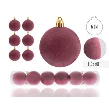 VIANOČNÉ OZDOBY GUĽA, SADA V PVC KRABICI, FLOKOVANÉ, 6 KUSOV, BORDOVÁ