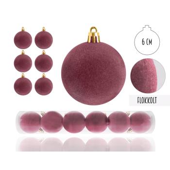 VIANOČNÉ OZDOBY GUĽA, SADA V PVC KRABICI, FLOKOVANÉ, 6 KUSOV, BORDOVÁ