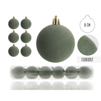 VIANOČNÁ OZDOBA GUĽA, SADA V PVC KRABICI, FLOKOVANÁ, 6 KUSOV, ZELENÁ