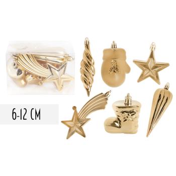 VIANOČNÉ OZDOBY, ZMIEŠANÉ OZDOBY, SADA, V PVC KRABICI, 6 KUSOV, ZLATÉ