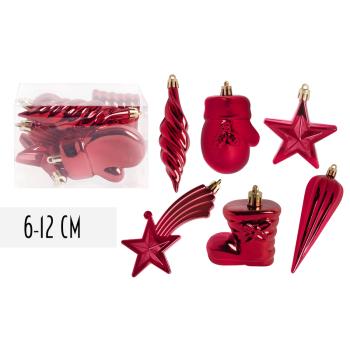 VIANOČNÉ OZDOBY, ZMIEŠANÉ OZDOBY, SADA, V PVC KRABICI, 6 KUSOV, ČERVENÉ