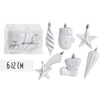 VIANOČNÉ OZDOBY, ZMIEŠANÉ OZDOBY, SADA, V PVC KRABICI, 6 KUSOV, BIELA