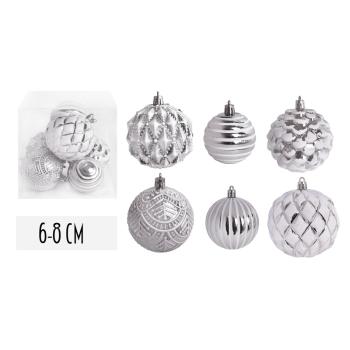 VIANOČNÉ OZDOBY, SADA, V PVC ŠKATUĽKE, ZMIEŠANÉ, 6 KUSOV, BIELE A STRIEBORNÉ
