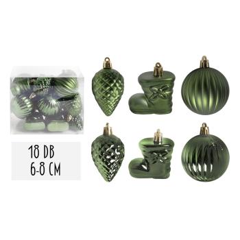 VIANOČNÉ OZDOBY, ZMIEŠANÉ OZDOBY, SADA, V PVC KRABICI, 18 KUSOV, TMAVOZELENÁ