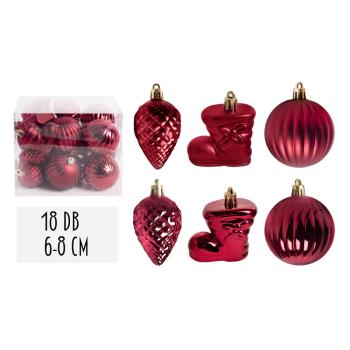 VIANOČNÉ OZDOBY, ZMIEŠANÉ OZDOBY, SADA, V PVC KRABICI, 18 KUSOV, ČERVENÉ