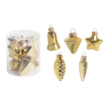 SKLENENÉ VIANOČNÉ DEKORÁCIE ZMIEŠANÁ SADA V PVC KRABICI, 10 KUSOV, ZLATÁ
