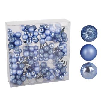SADA SKLENENÝCH VIANOČNÝCH OZDÔB V PVC KRABICI, 144 KUSOV, MODRÁ