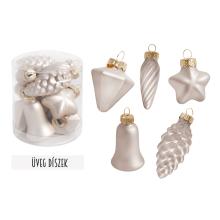 SKLENENÉ VIANOČNÉ DEKORÁCIE ZMIEŠANÁ SADA V PVC KRABICI, 10 KUSOV, MATNÁ KRÉMOVÁ