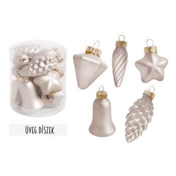 SKLENENÉ VIANOČNÉ DEKORÁCIE ZMIEŠANÁ SADA V PVC KRABICI, 10 KUSOV, MATNÁ KRÉMOVÁ