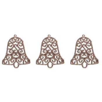 SADA ZÁVESNÝCH VIANOČNÝCH OZDÔB ZVONČEK, 3 KUSY, RUŽOVO ZLATÝ LESK