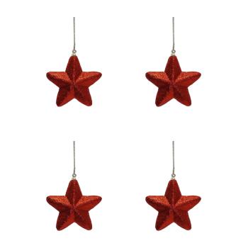 SADA VIANOČNÝCH OZDÔB S HVIEZDIČKAMI, 4 KUSY, 3D, ČERVENÁ
