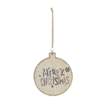 DEKOR DREVENÁ ZÁVESNÁ OZDOBA GUĽA S NÁPISOM "MERRY CHRISTMAS", PRÍRODNÁ