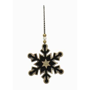 DEKOR DREVENÁ ZÁVESNÁ OZDOBA SNEHOVÁ VLOČKA, ČIERNO-ZLATÁ