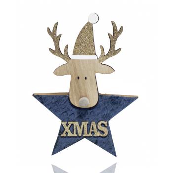 DEKOR DREVENÁ HVIEZDA SO SOBOM, NÁPIS "CHRISTMAS", MODRÁ