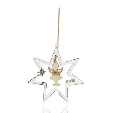 DEKOR DREVENÁ ZÁVESNÁ OZDOBA HVIEZDA S ANJELOM, BIELO-ZLATÁ