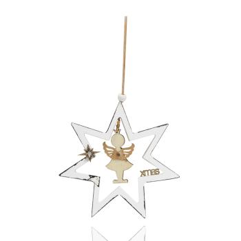 DEKOR DREVENÁ ZÁVESNÁ OZDOBA HVIEZDA S ANJELOM, BIELO-ZLATÁ