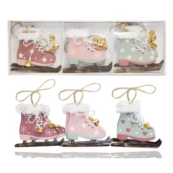 DEKOR DREVENÁ ZÁVESNÁ DEKORÁCIA KORČULE SO ZVONČEKOM V DARČEKOVEJ KRABIČKE, 6 KUSOV